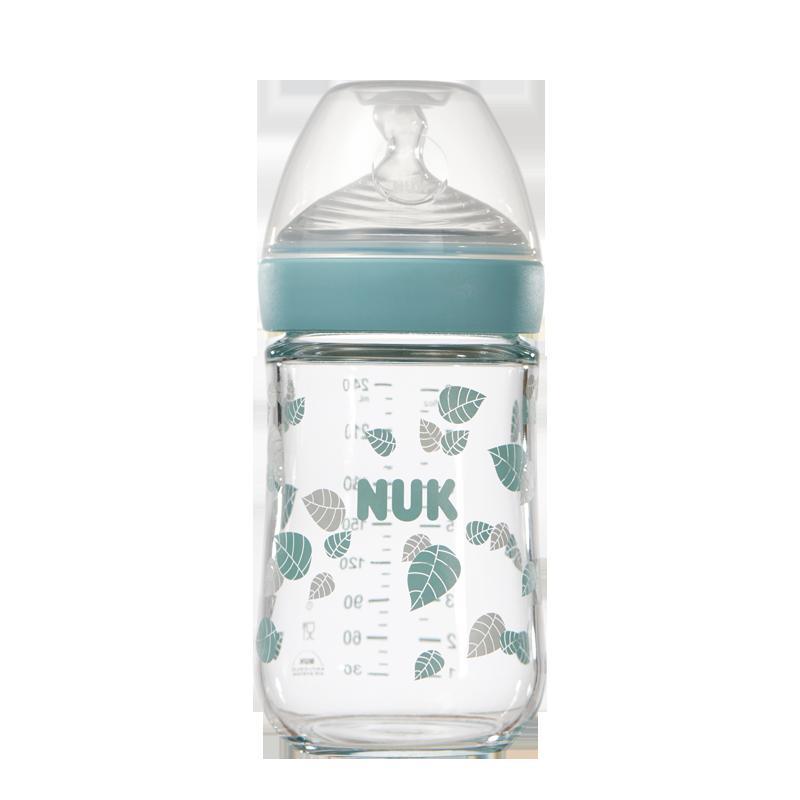 特惠清仓 NUK240ML自然母感宽口玻璃奶瓶(成长型硅胶中号) 颜色随机