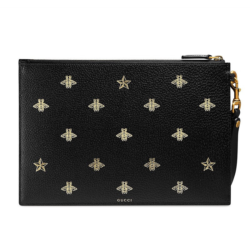 海外直邮gucci古驰男包牛皮蜜蜂星星印花黑色男士手拿包情侣款495066