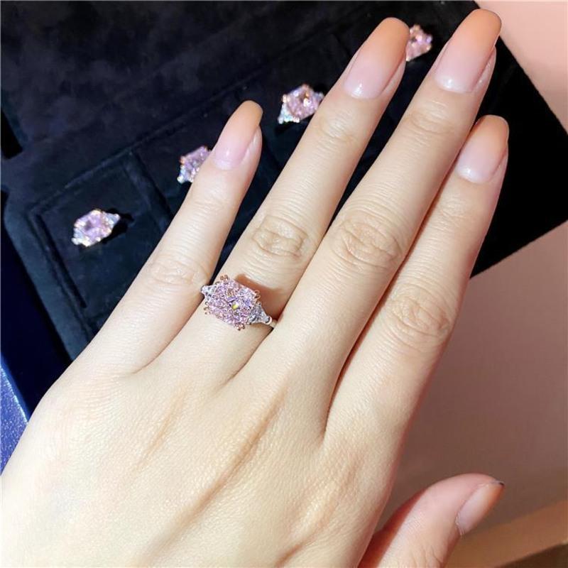 粉钻3克拉方形钻戒女戒指仙女配饰结婚节日礼物 开口可调节