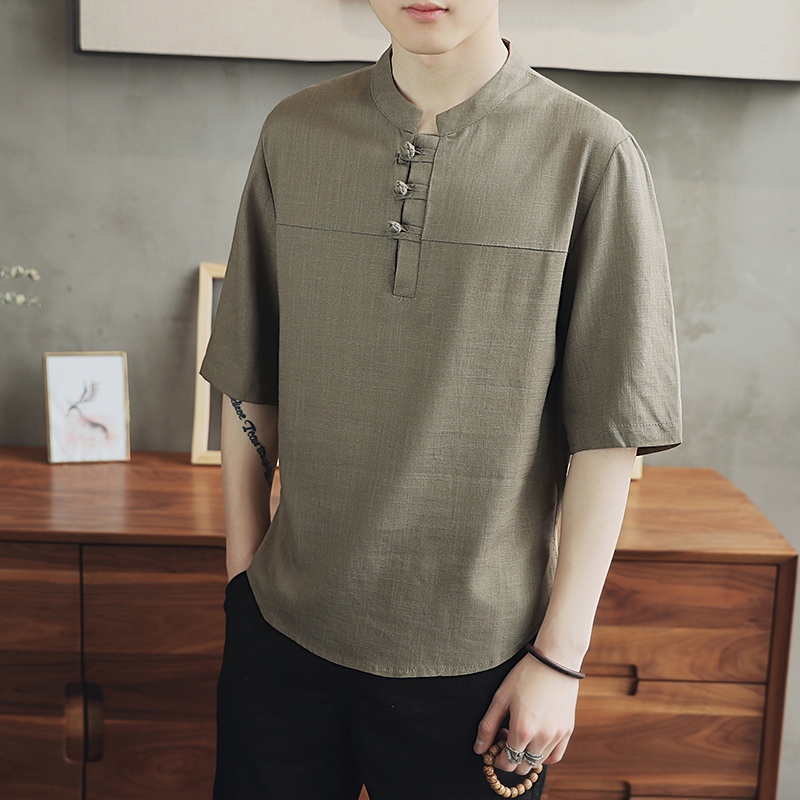 中国风亚麻t恤男短袖大码宽松中式棉麻半袖男装夏季薄款麻料衣服