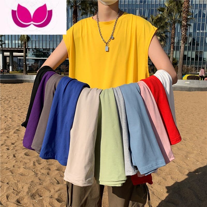 七斓夏季薄款坎肩背心男韩版潮流宽松纯色无袖t恤港风ins潮牌运动汗衫图片