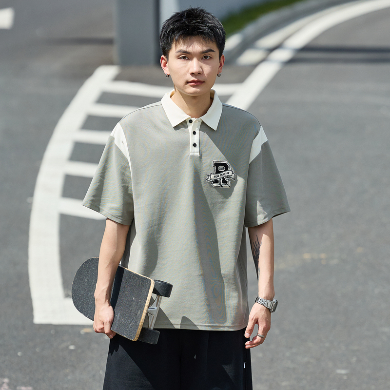 [2.5折价78元]唐狮夏季新款短袖polo衫男宽松黑色拼接上衣男带有翻领t恤学生潮