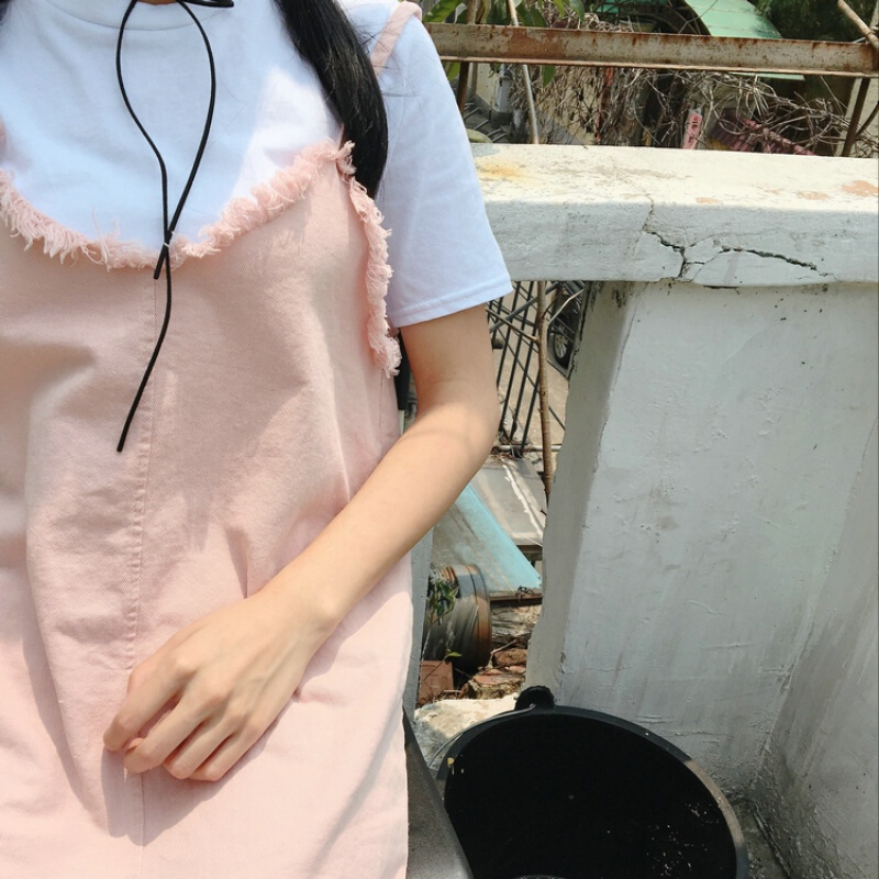韩版时尚休闲套装春装女装学院风毛边V领牛仔带裙+T恤两件套潮粉红色均码