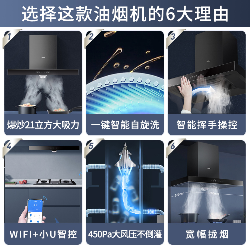 海尔(Haier)顶吸欧式油烟机21立方飓风大吸力免拆高频自清洗家用烟机ET907U1+4.5KW猛火灶天然气烟灶套装高清大图