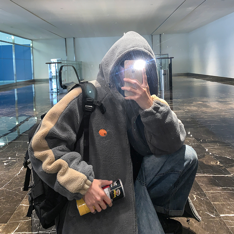 YUANSU阿喜胖羊羔毛棉衣男士冬季韩版潮流加绒加厚棉袄宽松外套大码棉服棉衣