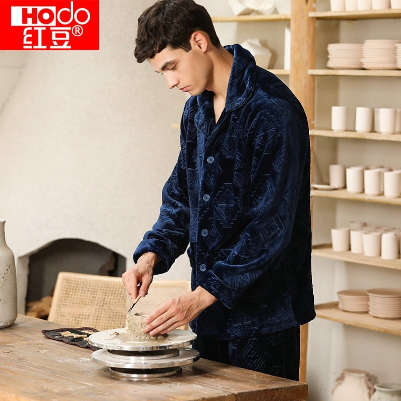 红豆男士法兰绒睡衣加厚加绒保暖秋冬季家居服套装参数