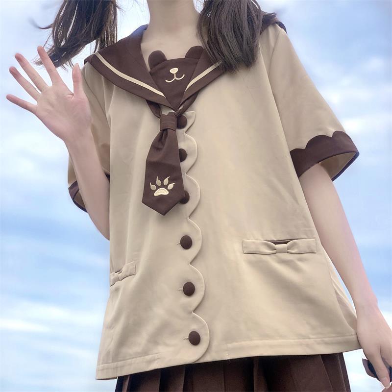 日系JK制服裙喵熊乐园幼稚园春夏短袖长袖套装学生装班服校服套装 咖啡+短袖套装 S