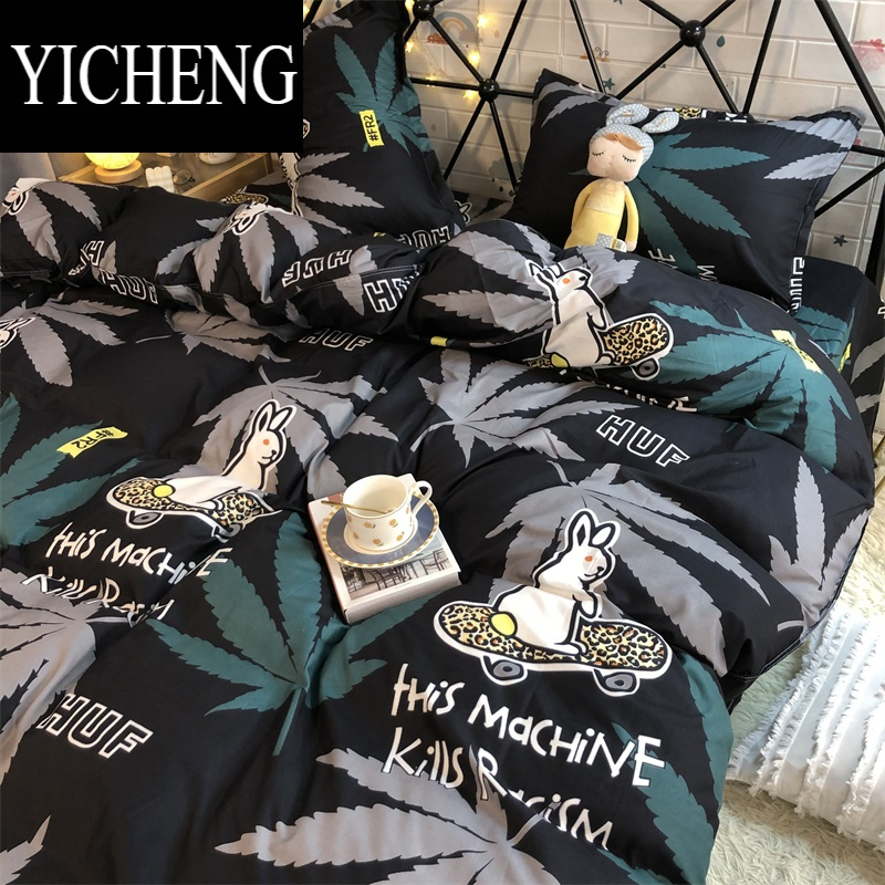 YICHENG潮酷滑板兔床上四件套ins枫叶深色耐脏床单被套男生1.5m1.8米床品