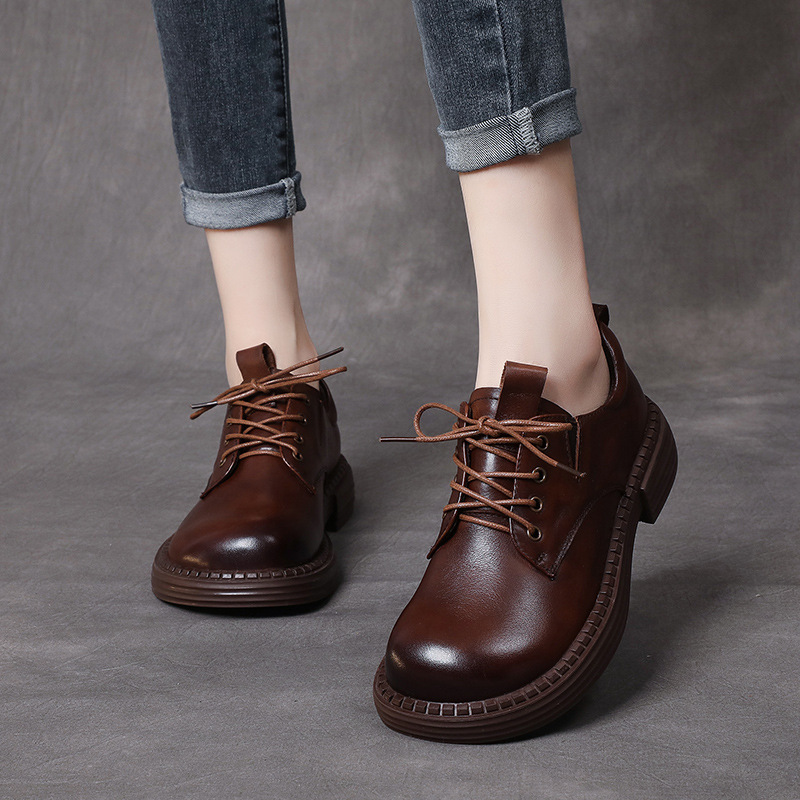 系带小皮鞋女2021春秋复古手工英伦风柔软弹性平跟宽头单鞋