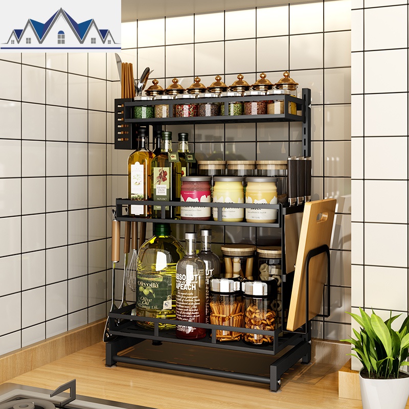 不锈钢黑色调料架家用多功能落地多层台面调味品收纳厨房置物架子_1_61高清大图