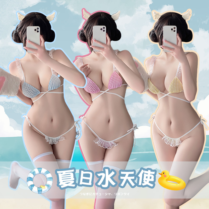 霏慕情趣内衣清新格纹系带三点式比基尼套装性感蕾丝绑带文胸开裆露乳免脱丁字内裤T裤午夜魅力血滴子死库水女式情趣睡衣