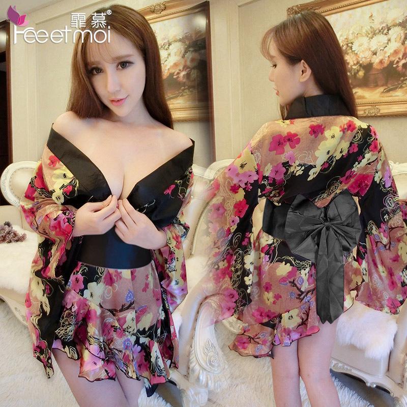高档性感和服女王制服透视情趣内衣印花开襟女大蝴蝶结制服睡裙