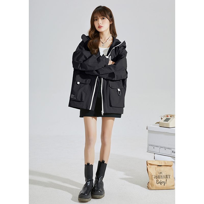 优惠券]唐狮秋季新款独特工装女休闲冲锋少年上衣宽松连帽外套女春秋