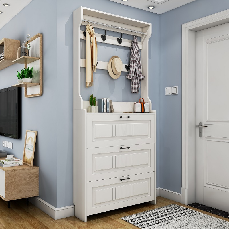 甄沐超薄鞋柜家用门口翻斗玄关柜门外简约现代仿实木新款带衣帽架鞋架