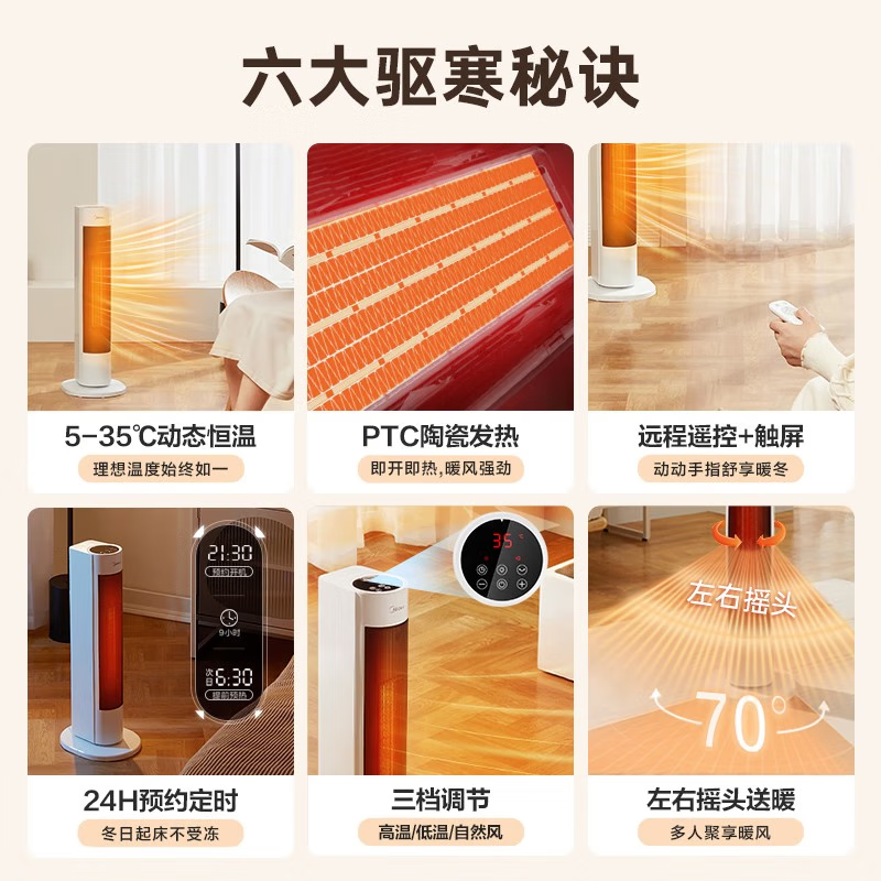美的(Midea)暖风机取暖器冷暖冷热两用风扇电暖气家用电暖器办公室立式电暖风热 [直流遥控]HFV20DR白色高清大图
