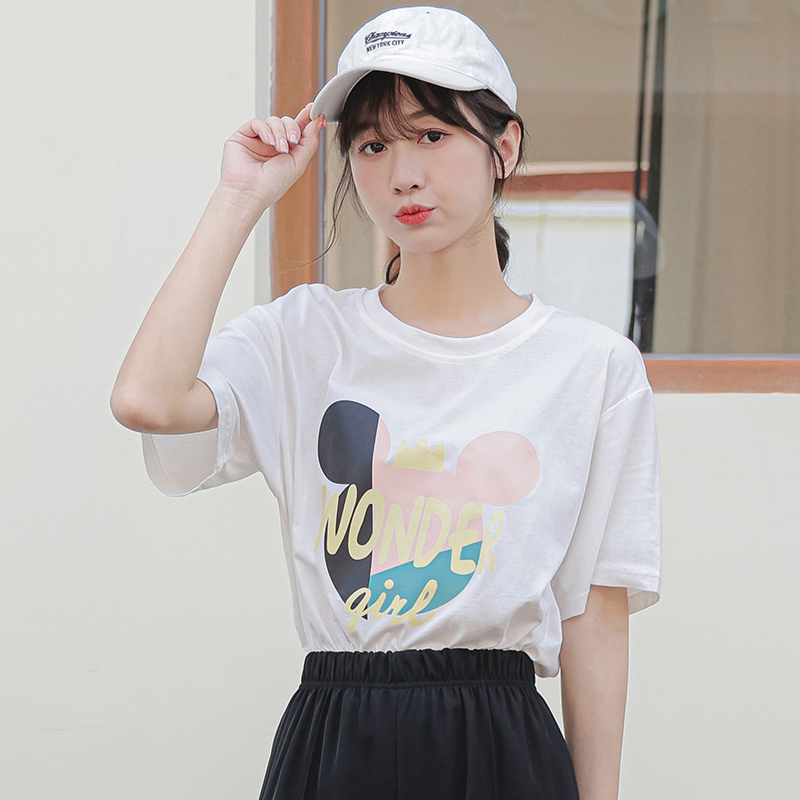 2022夏季油画图案T恤女短袖宽松显瘦学院风纯棉上衣女