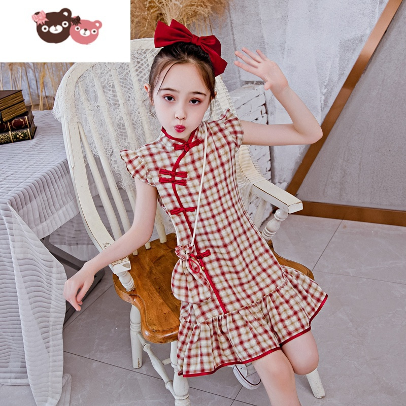 绿彩虹光女童旗袍格子夏季中国风儿童公主裙小女孩改良洋气唐装薄款