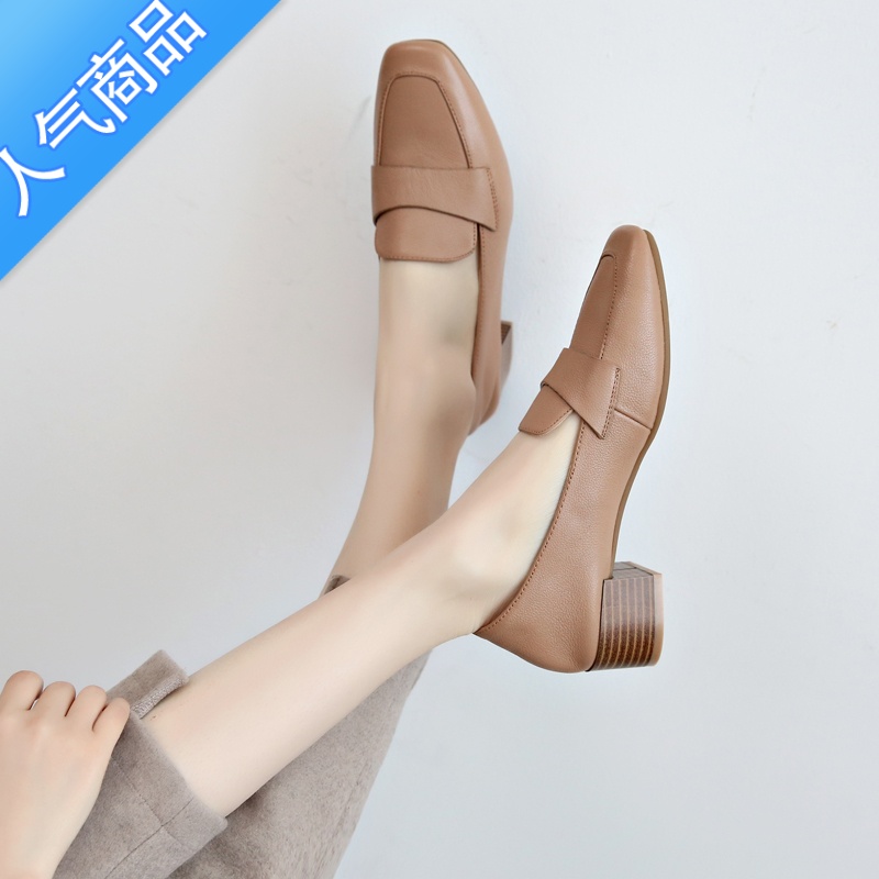 SUNTEK粗跟单鞋女2023春夏新款韩版中跟乐福鞋一脚蹬小皮鞋女奶奶鞋高清大图