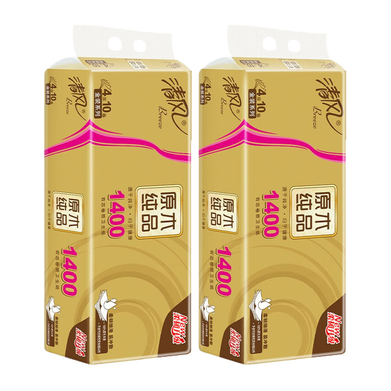 清风卫生纸4层140克10卷*2提易撕取原木金装款B22AFJ3-2