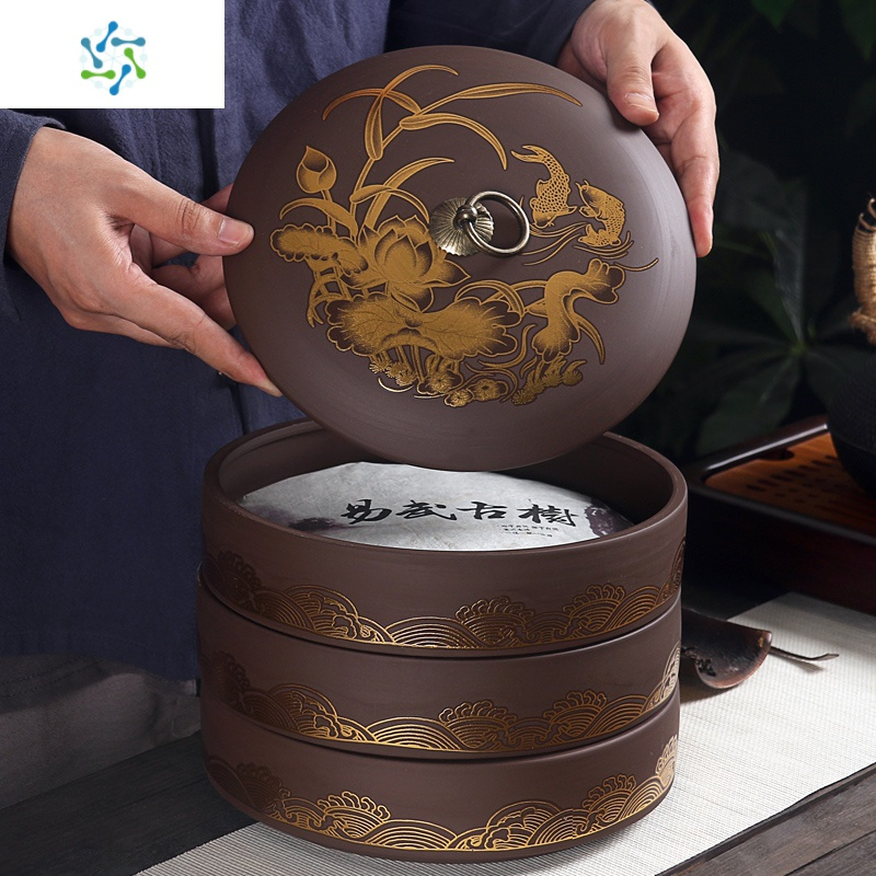 紫砂茶叶罐陶瓷普洱饼包装茶盒大号可叠加茶饼罐醒茶存茶罐子家用 三维工匠 中国风。鱼跃龙门七饼茶具