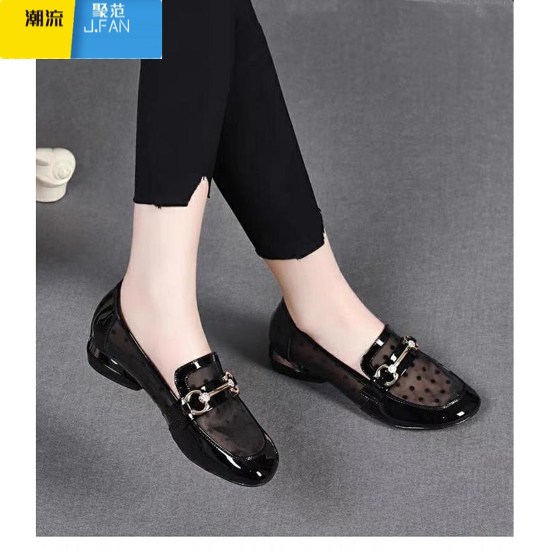 聚范单鞋女2024年新款夏季镂空网纱靓皮女鞋低跟软底豆豆鞋透气乐福鞋 黑色(后跟2.5厘米) 38