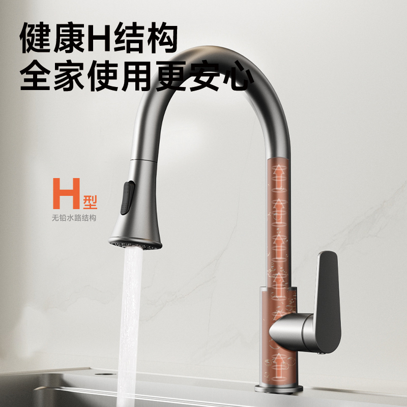 九牧(JOMOO)小牧卫浴面盆水龙头厨房双功能抽拉式360°单把冷热抽拉水龙头 枪灰高清大图