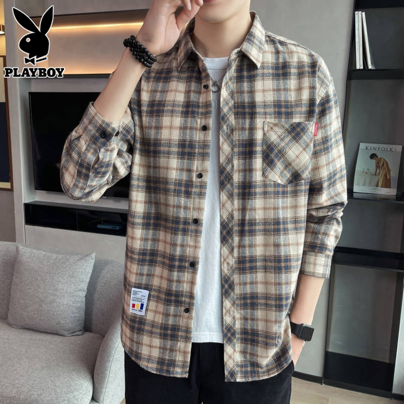 花花公子格子长袖衬衫男士衬衣2025年春季新款宽松百搭寸衫外套公高清大图
