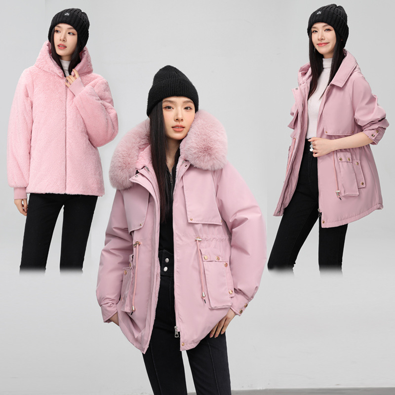 加绒加厚派克服女冬季2024新款大毛领可拆卸连帽洋气宽松棉服外套 粉色 L