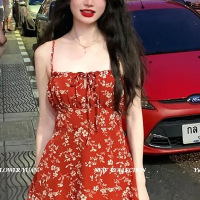 甜美日系vintage碎花吊带连衣裙子女夏季休闲收腰无袖度假风ins潮 M 图片色