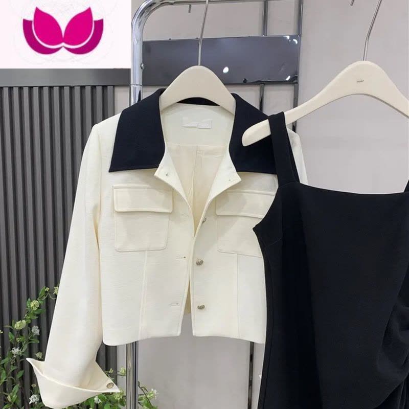 七斓法式甜辣风休闲时尚套装女春季修身拼色短外套显瘦吊带裙套潮图片