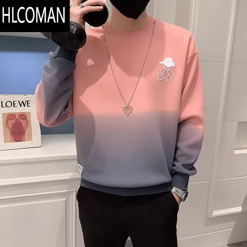 HLCOMANins渐变色卫衣男粉色长袖T恤男装上衣潮流休闲痞帅小熊外套