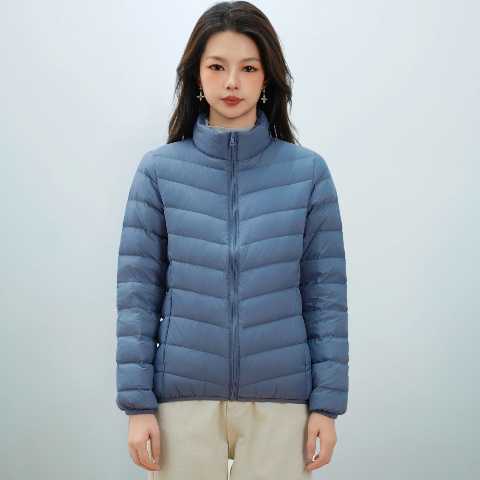 女式新国标90绒简约羽绒纯色女立领女装轻薄款羽绒服女士 雾霾蓝 M