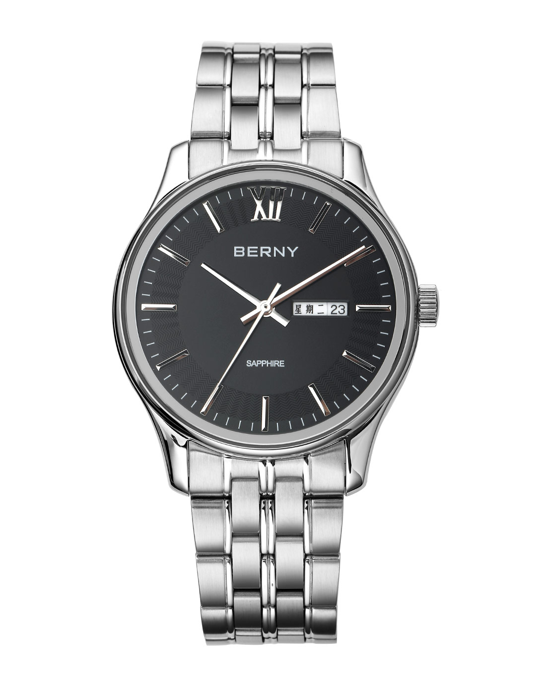 berny伯尼老人手表男士防水大数字夜光钢带石英表爸爸老年人生日礼物