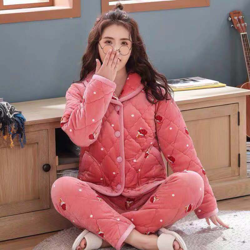 睡衣女冬季三层加厚法兰绒睡衣套装秋冬天保暖珊瑚绒夹棉袄家居服