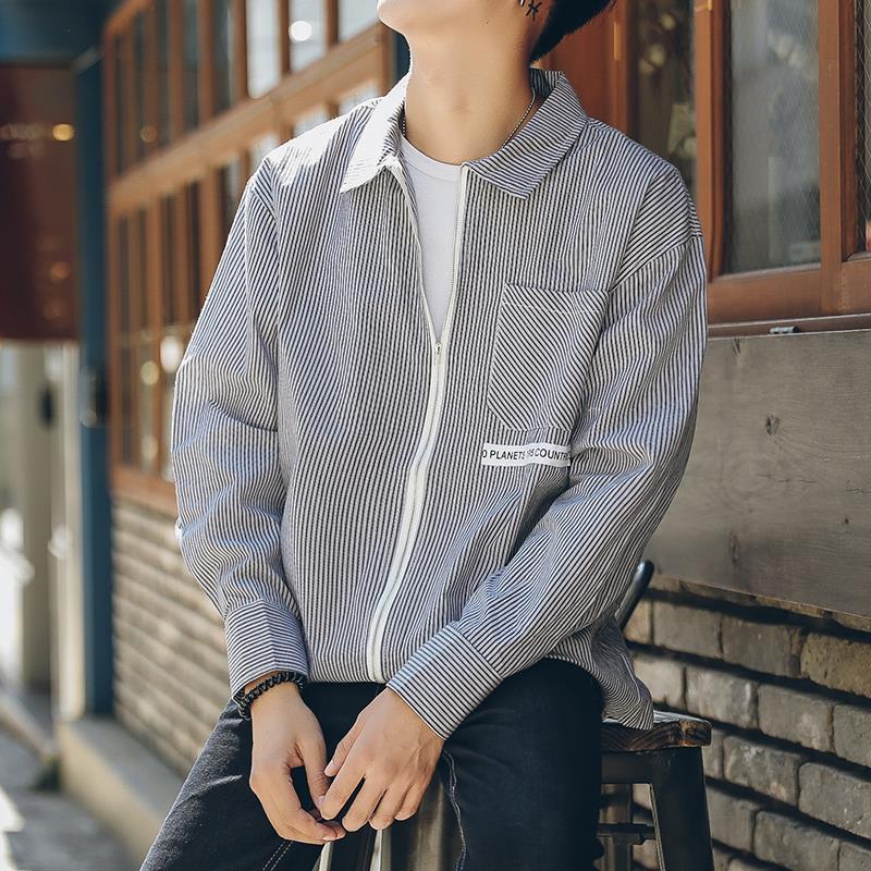 春装青年条纹拉链长袖衬衫男青少年小清新衬衣学院风时尚衣服帅气