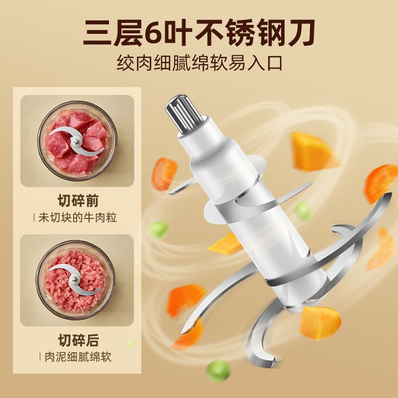 小熊 绞肉机1-2人搅碎机 家用小型婴儿辅食机捣碎器打肉馅蒜蓉果泥搅拌料理机双刀款0.6L 加厚玻璃杯QSJ-D02Q1高清大图