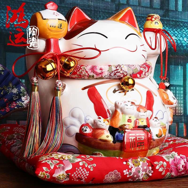 日本正版猫摆件14寸特大号储气罐存钱罐陶瓷店铺开业创意礼品 三维工匠 14寸财源滚滚豪华版猫高清大图