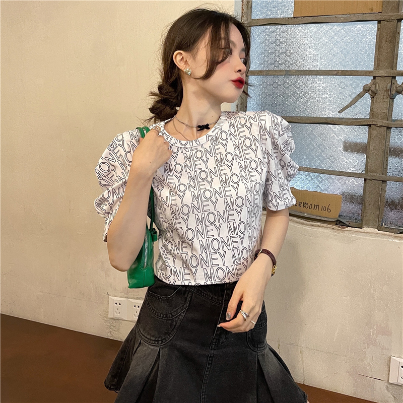 2022新款夏季泡泡袖修身t恤女法式短款上衣女垫肩 莎丞