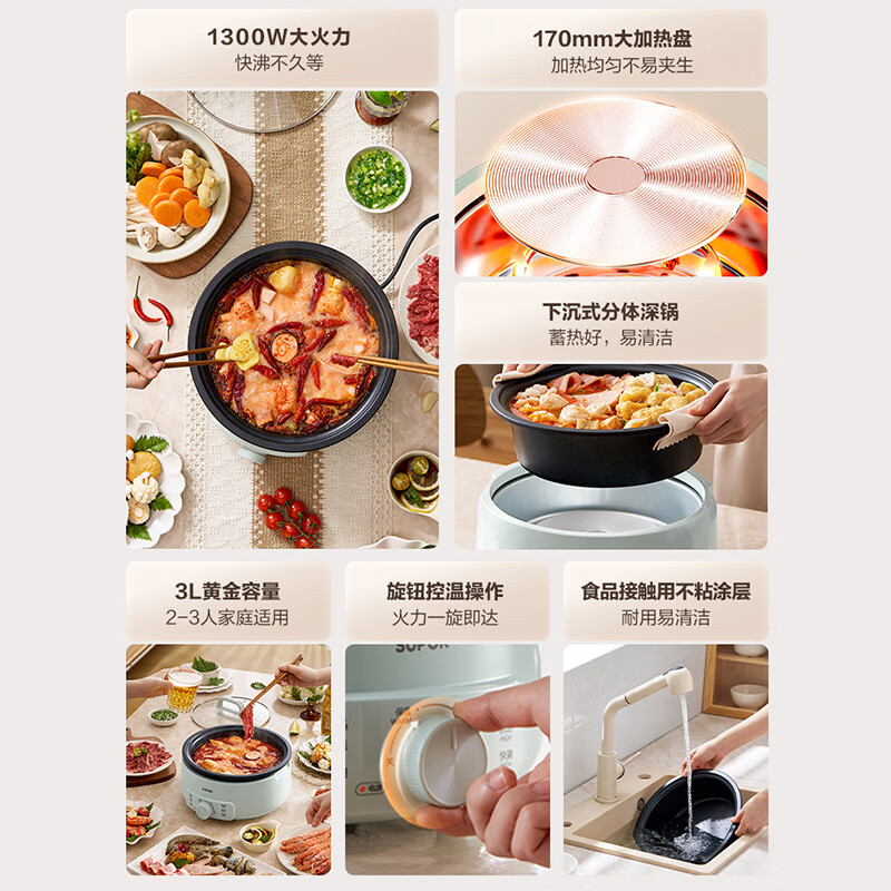 苏泊尔(SUPOR)电火锅 电煮锅 火锅专用锅 家用多功能涮肉锅 不粘分体可拆洗3L电热锅 多用途锅H30YK786高清大图