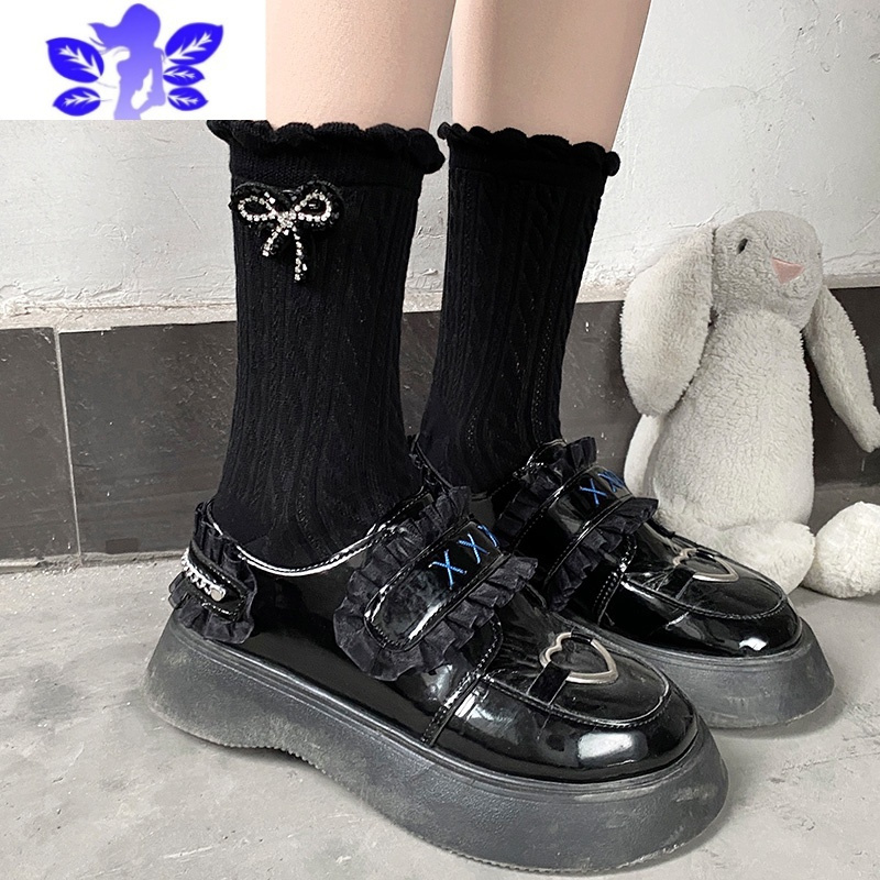 ideamini木耳边女中筒可爱黑色带钻蝴蝶结春秋薄款jk小腿袜丝袜