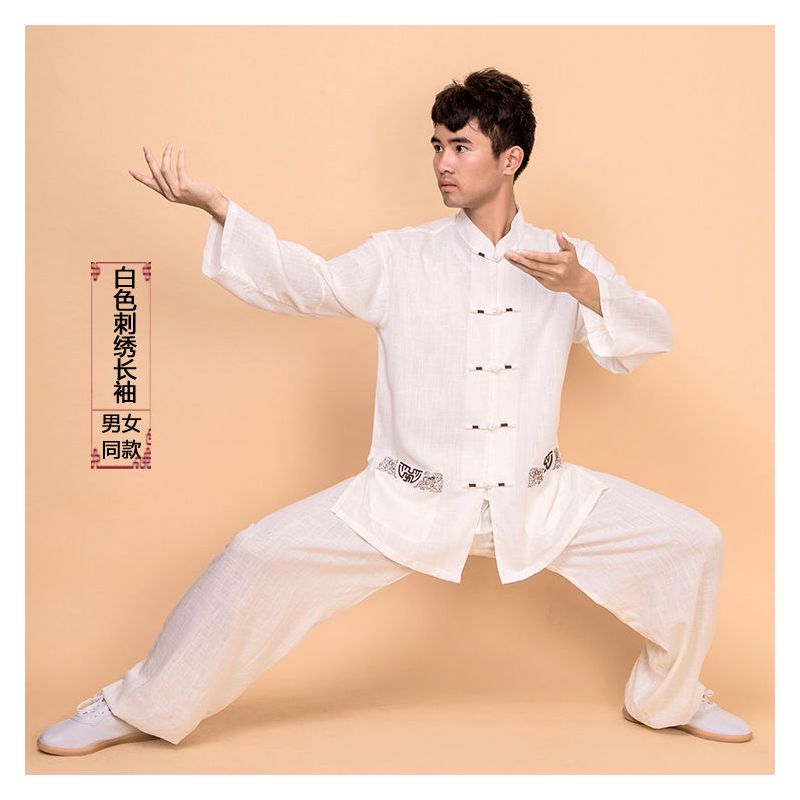 太极服男春秋棉麻亚麻刺绣裤太极拳练功服武术服装女夏季xy