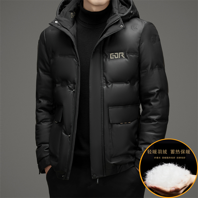 冬季海宁真皮羽绒服男短款绵羊皮衣夹克连帽加肥加大外套加厚带帽皮衣羽绒服男冬季保暖加肥大码宽松肥佬休闲可卸帽免洗皮羽绒外套 999黑色 180-XL