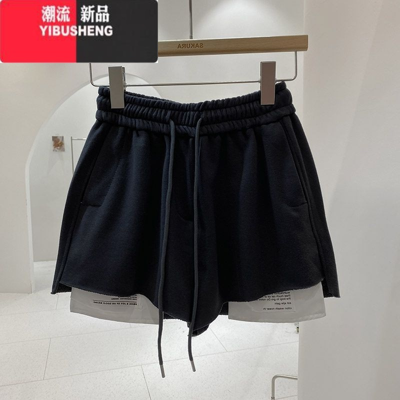 YIBUSHENG胖妹妹大码时尚百搭贴布高腰短裤季宽松阔腿裤女抽绳运动休闲裤