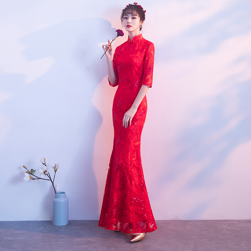 敬酒服新娘春季2018结婚新款红色中式旗袍长袖修身鱼尾走秀礼服女