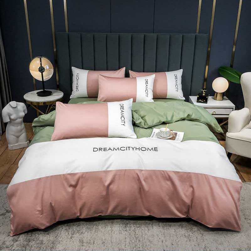 安居先森 D1600四件套 色拼高支高密全棉贡缎双人件套活性印染常用2米床粉色高清大图