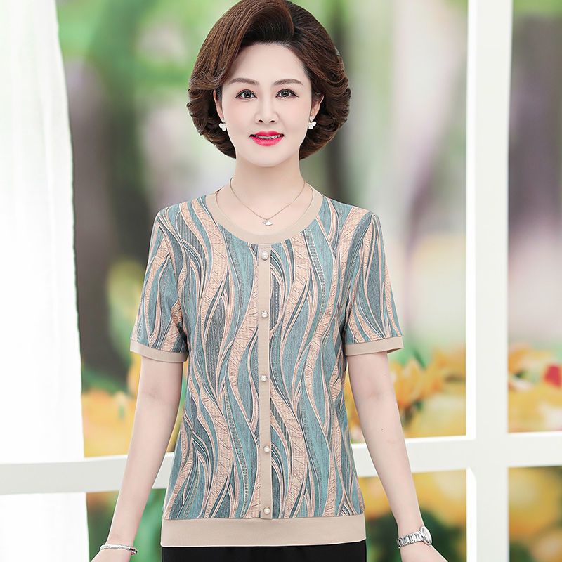 美帛夏装短袖冰丝t恤新款中老年女针织小衫中老年圆领上衣
