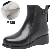 头层牛皮羊雪地靴皮毛一体短靴女冬加绒加厚冬季保暖妈妈棉鞋 黑色 39