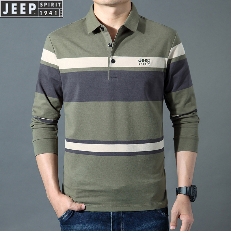JEEPSPIRIT男装翻领POLO衫秋季休闲条纹体恤衫男士长袖T恤 3XL 绿色