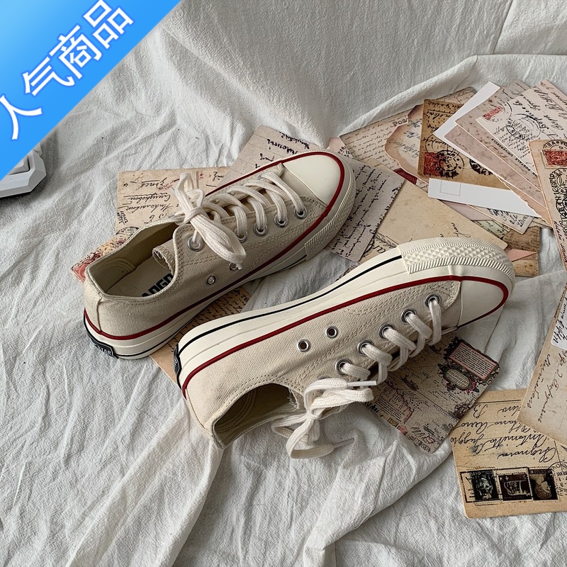 SUNTEK 韩国ins街拍万年经典百搭复古复刻米色高帮帆布鞋女高清大图