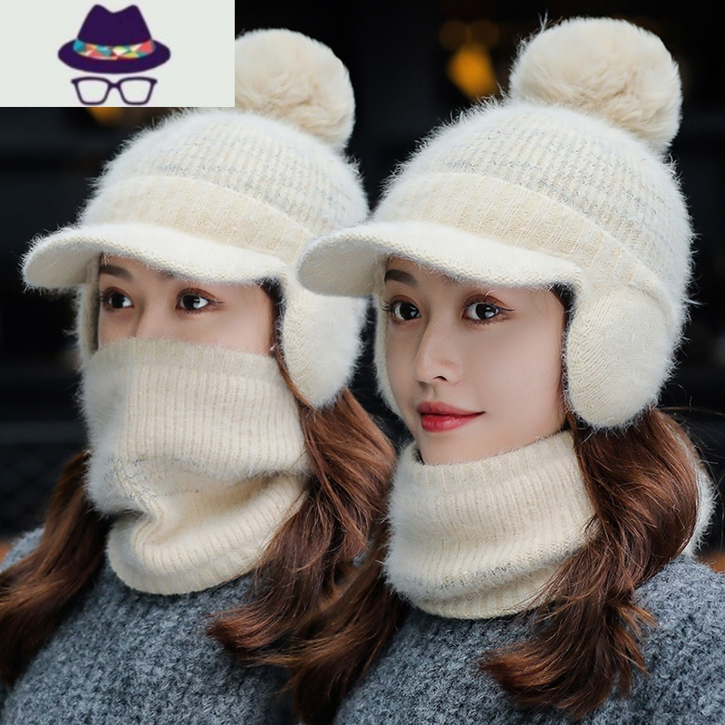 冬季帽子女保暖防寒毛线帽加绒厚防风棉帽圆脸适合东北护耳骑车帽fish